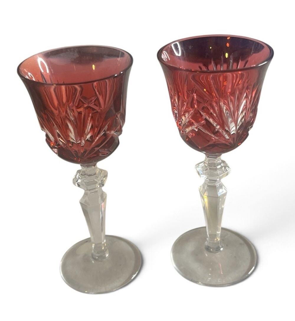 2 Vtg Gorham Cherrywood Crystal Ruby Red Cordials Small Wine Glass Elegant